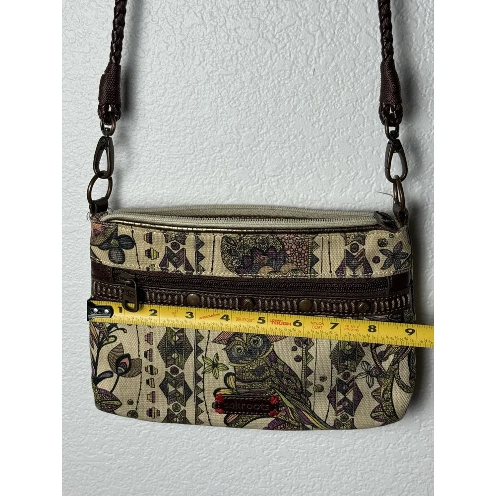 Sakroots Owl Floral Canvas Crossbody Bag Brown Braided Strap Small Boho Purse